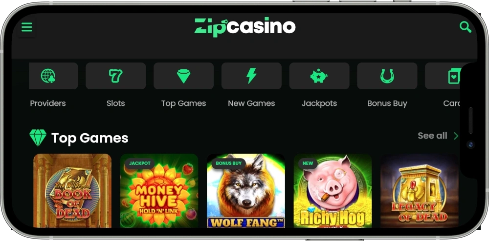 Zip Casino App Screenshot